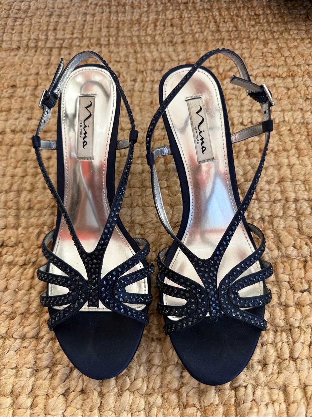 Nina Navy Satin Strappy Slingback Heels